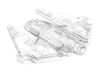 A complex wireframe rendering of a futuristic spacecraft reveals detailed internal and external structures, showcasing its mechanical intricacy and aerodynamic design. © German Ovchinnikov