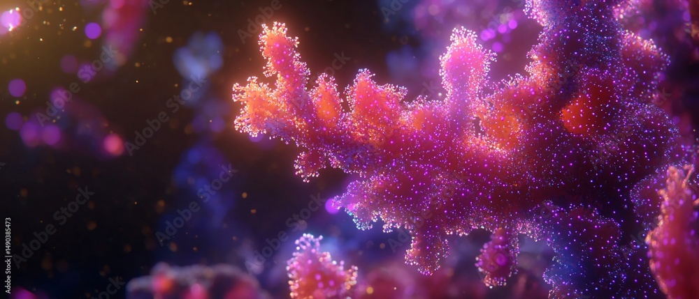 Poster intricate fractal structures with luminous points radiating in cosmic space
