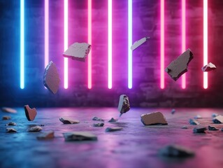 Floating stone debris with neon lighting abstract textured background