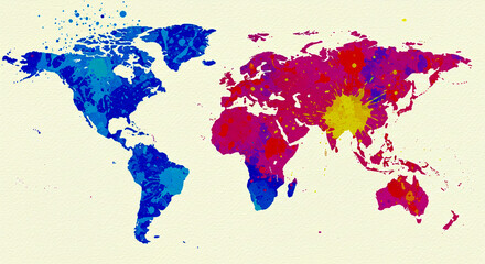 Colorful world map illustration with abstract watercolor style for geography and global themes, Generative AI