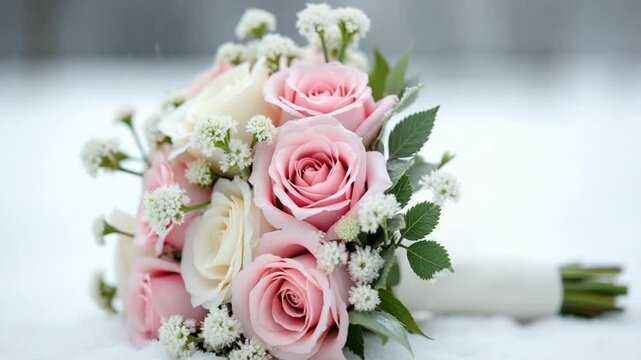 Beautiful wedding bouquet on snow ground. Bouquet with pink, white flowers
