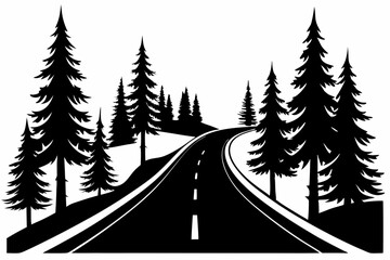 Obraz premium highway in the wood silhouette line art vector illustration with a white background