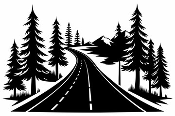 Obraz premium highway in the wood silhouette line art vector illustration with a white background