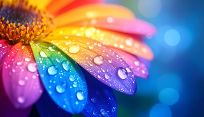 A vibrant rainbow flower petal adorned with water droplets against a colorful background.