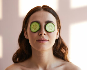 A photograph of a young woman with serene eyes resting on slices of cool, refreshing cucumber
