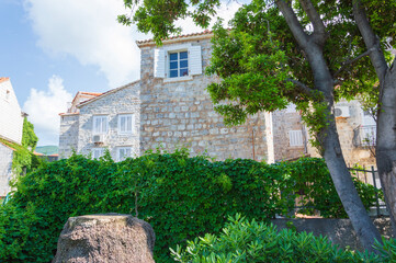 Exterior view of an old stone house with terracotta tiled roof and a small garden with green plants