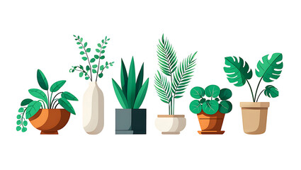 Obraz premium A vibrant display of diverse potted plants in an illustration, showcasing a variety of foliage with clean lines and botanical&nbsp;precision.