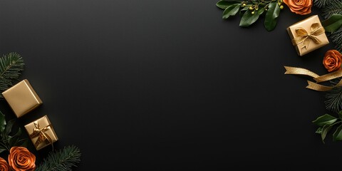 Gold gift boxes, orange roses, green leaves on black background.