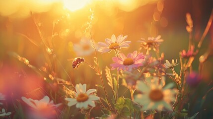 A bumblebee collecting nectar from a wildflower in a field