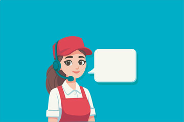 Smiling female customer service representative in uniform with headset and speech bubble on teal background. Vector illustration.