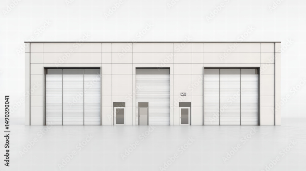 Poster architectural symmetry and clean lines: a modern industrial building with three large doors showcase