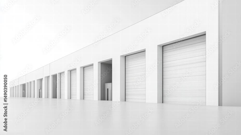 Poster industrial storage: minimalist rendering of a modern storage facility, showcasing clean lines and a 