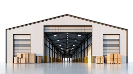 Warehouse Gateway: The imposing facade of a modern warehouse, its open doors revealing a glimpse into its vast interior, with stacks of neatly arranged boxes standing at attention.