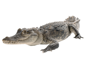Crocodile resting for wildlife observation and education on a transparent background, cut out