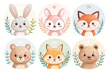 Adorable Watercolor Cartoon Animals Rabbits Foxes and Bears Illustration Set