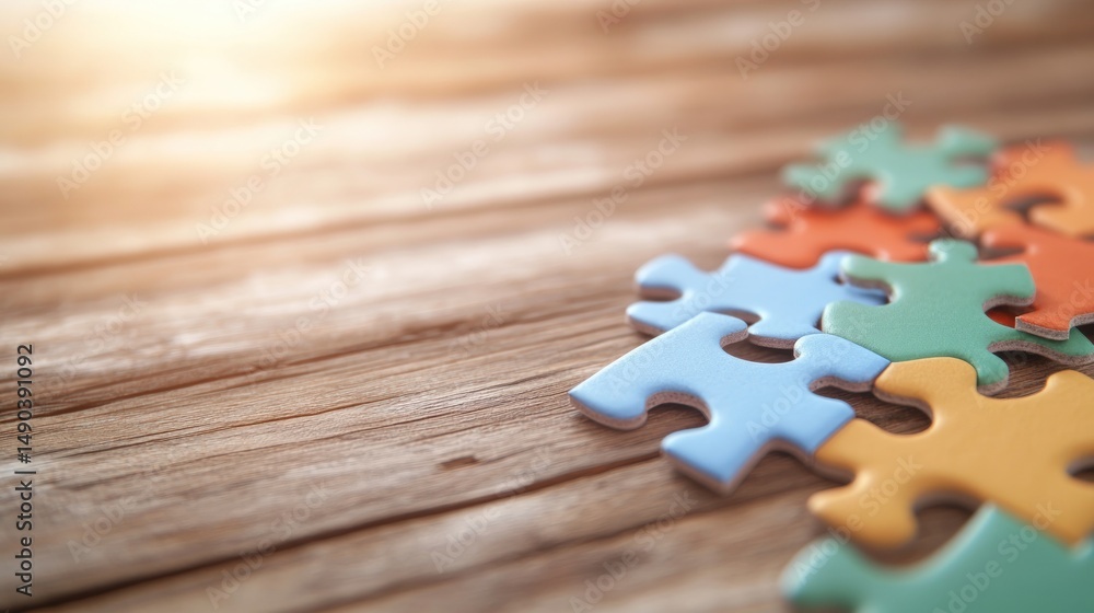 Poster colorful puzzle pieces on rustic wood background concept of teamwork and problem solving