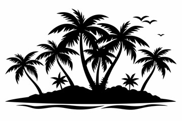 tropical island silhouette line art vector illustration with a white background