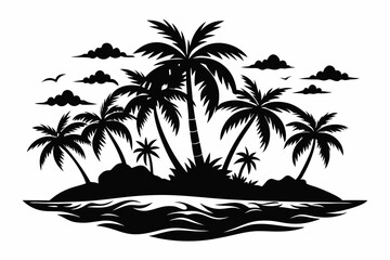 tropical island silhouette line art vector illustration with a white background