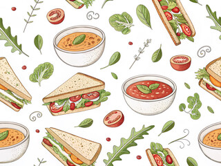Sandwich and soup colorful vector seamless pattern background.