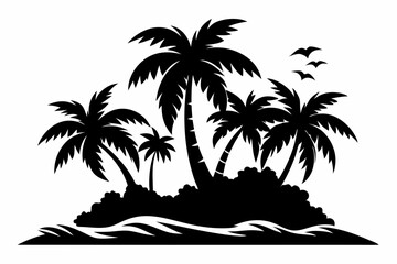 tropical island silhouette line art vector illustration with a white background