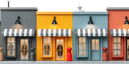 Colorful Storefronts: A vibrant row of diverse storefronts line a bustling street, each boasting unique architecture and inviting displays, inviting the viewer into the world of retail.