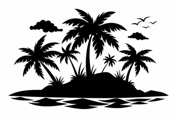 tropical island silhouette line art vector illustration with a white background