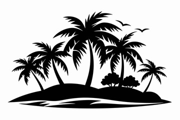 tropical island silhouette line art vector illustration with a white background