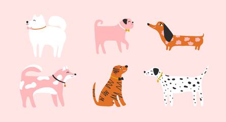 Set cute quirkly dogs. Cartoon dog characters different breeds of dachshund, samoyed, bulldog. Collection of pet animals isolated on background. Vector illustration.
