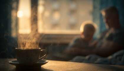 Warm morning coffee rituals with family cozy home setting lifestyle scene intimate atmosphere soft focus
