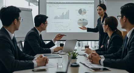 Business presentation by Asian woman to group of professionals