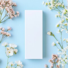 A tall, blank white box is centered on a light blue background, surrounded by delicate white and light pink flowers arranged in a symmetrical border