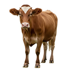 Standing brown and white cow front view isolated on transparent  background