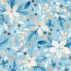 Obraz premium Winter floral seamless pattern hand drawn by watercolor. Winter plants, berries, leaves, flowers. Isolated on blue background. Seasonal design for banner, giftware, textile, fabric