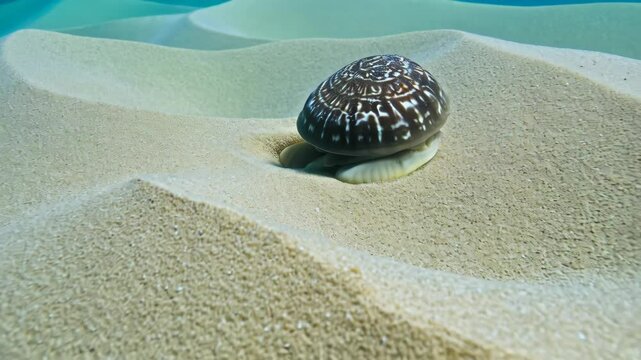 Close-up of a snail or whelk resting gently on the rippled sand seabed in shallow, clear tropical ocean water creating a relaxing underwater scene