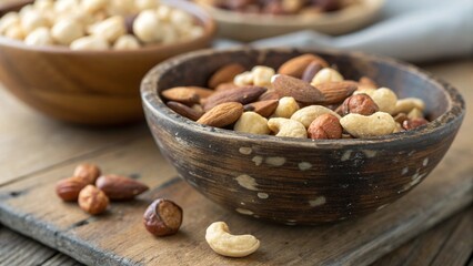 Assorted Nuts in Rustic Wooden Bowls on Wooden Surface