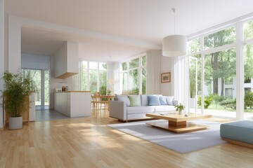 Fototapeta premium Modern and Bright Living Room with Open Layout, Large Windows, Scandinavian Design, Wooden Floors, and Cozy Furniture for a Welcoming Atmosphere