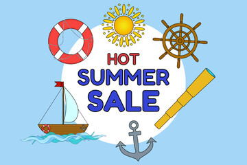Hot Summer Sale Nautical Illustration with Sailboat, Anchor, Lifebuoy, Sun, Ship Wheel, spyglass. For summertime promotion, social media banner, online store, poster, flyer, and marketing material.