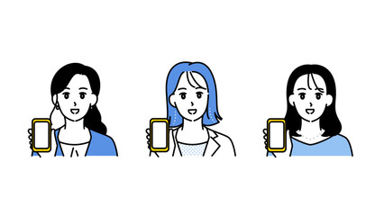 スマホの画面を向ける3人の女性のイラストセットA