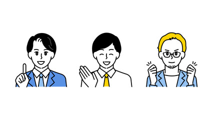 モチベーションに溢れる3人の男性のイラストセットA