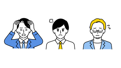 悩み・混乱・不安を表すビジネス男性3人のイラストセットC