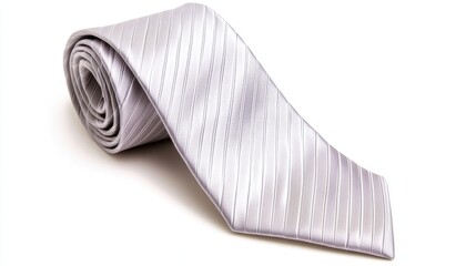 Elegant silver tie with textured stripes, rolled neatly, ideal for formal occasions and fashion