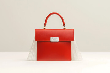 Red handbag with white fringe on white background
