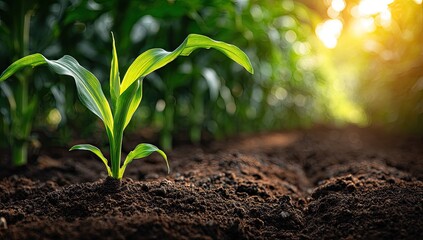 Young corn plant emerging from soil, bathed in sunlight