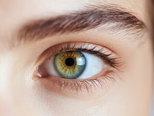 Fototapeta premium Detailed close up view of a human eye with green and brown iris and defined eyelashes