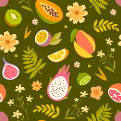 Tropical pattern with fruits and flowers on a rich olive background. Suitable for gift wrapping, decorative pillows, curtains, notebooks, bags, and beach mats.