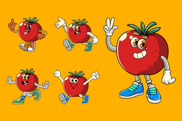 Set of funny tomato vegetable 70s retro comic cartoon characters