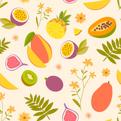 Tropical pattern with exotic fruits and flowers on  a pastel background. Suitable for summer clothing, beach accessories, home textiles, cosmetics packaging, stationery, postcards, and web design.