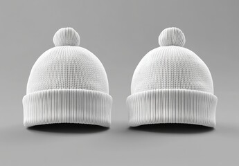 Two identical white knitted beanie hats with pom-poms, displayed against a neutral grey background, showcasing their ribbed texture and simple design