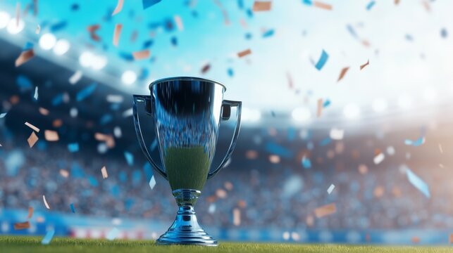 Excitement fills the stadium as a trophy is celebrated during a championship event with colorful confetti raining down
