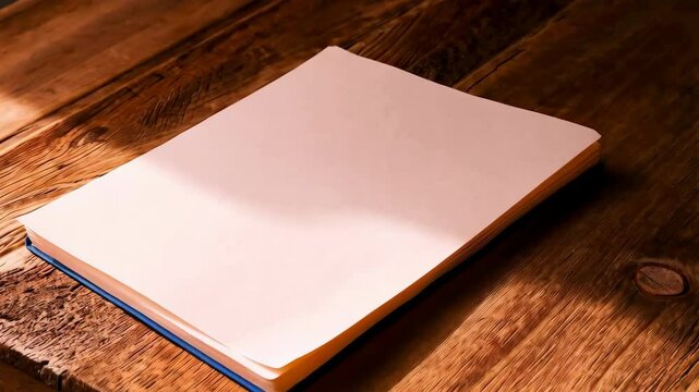 Blank paper block on wooden table with light and shadow, ideal for text or graphic elements, copy space area for creative content placement.